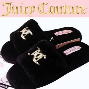 Juicy Couture Black Faux Fur Slides Slippers (Size 6)